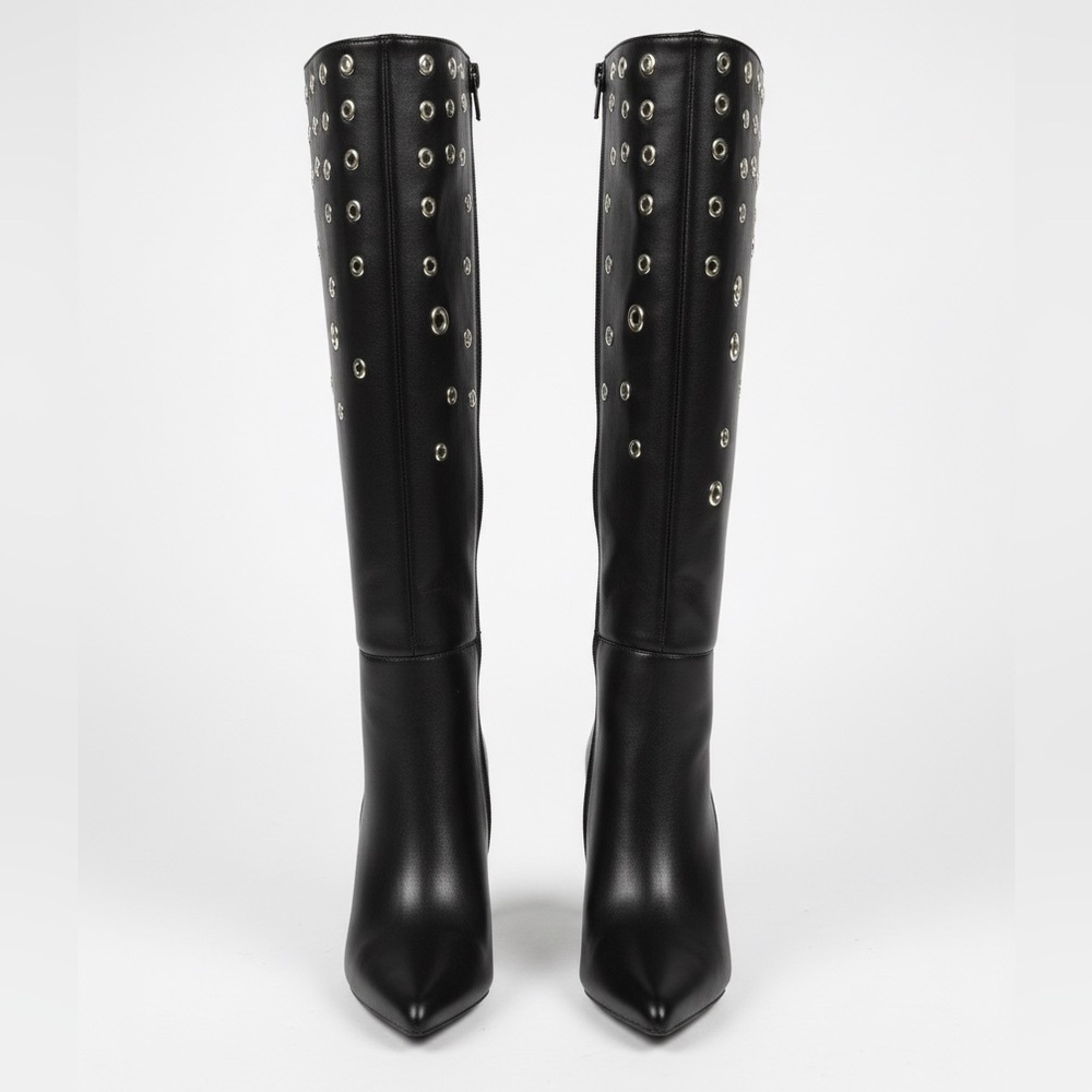 Edgy Black Knee-High Stiletto Boots
with Grommets | US Size 7